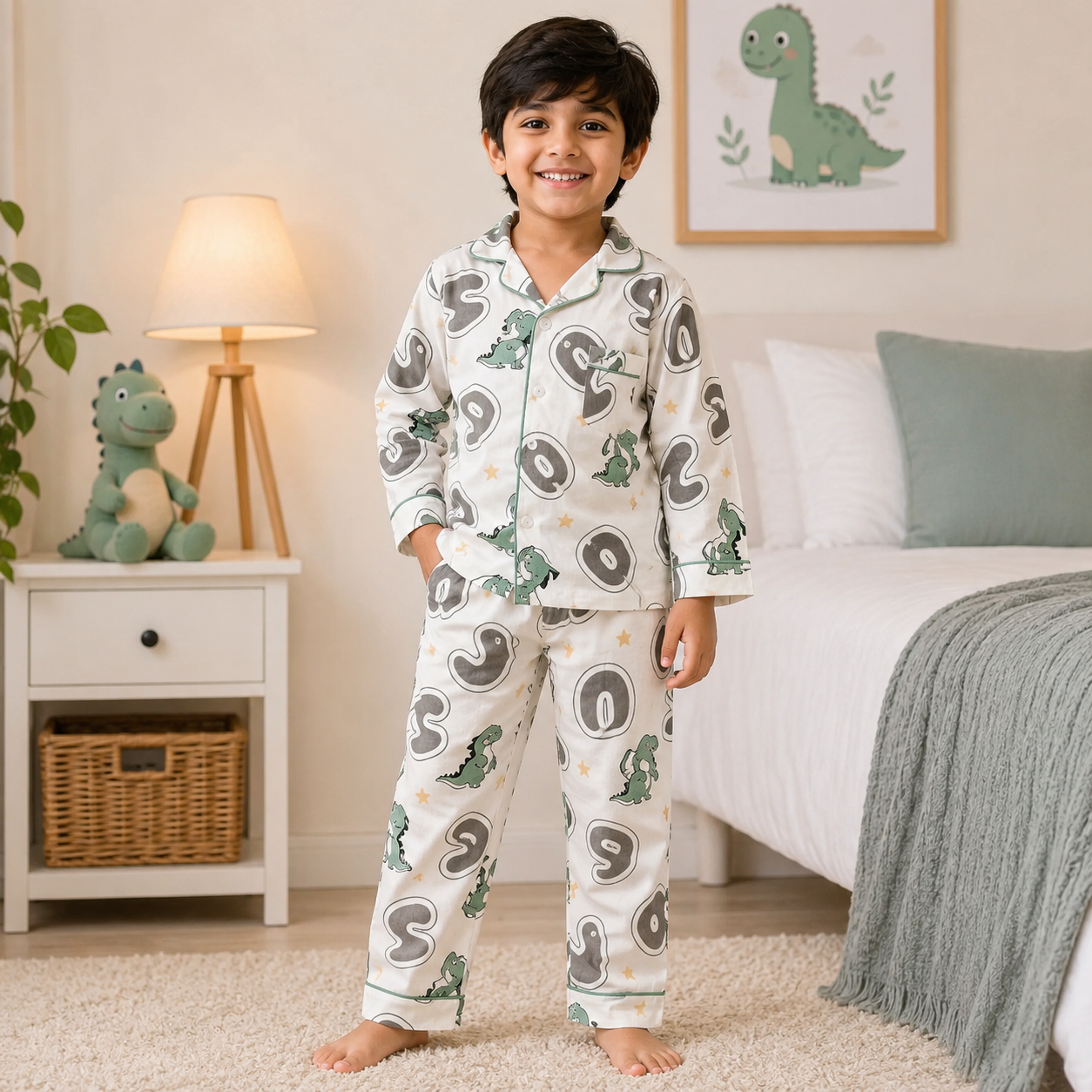 Smile Baby Boys Pajama Set | Dinosaur Alphabet Print Notch Collar Sleepwear | Soft Paper Cotton Nightwear | Sizes 18 Months to 7 Years