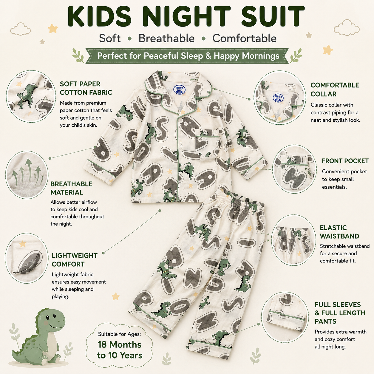 Smile Baby Boys Pajama Set | Dinosaur Alphabet Print Notch Collar Sleepwear | Soft Paper Cotton Nightwear | Sizes 18 Months to 7 Years