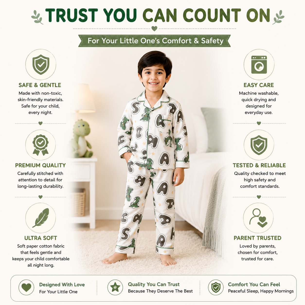 Smile Baby Boys Pajama Set | Dinosaur Alphabet Print Notch Collar Sleepwear | Soft Paper Cotton Nightwear | Sizes 18 Months to 7 Years
