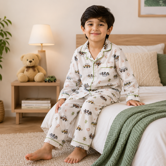 Smile Baby Boys Pajama Set | Vintage Car Print Notch Collar Sleepwear | Soft Paper Cotton Nightwear | Sizes 18 Months to 10 Years