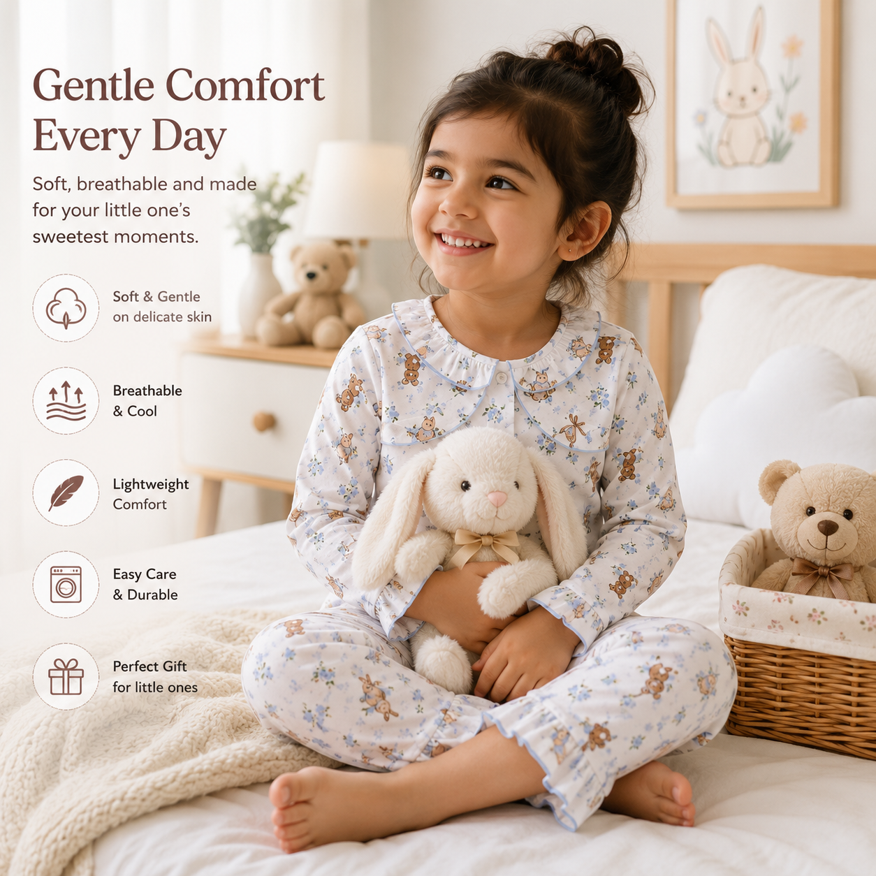 Smile Baby Girls Pajama Set | Bunny Bear Floral Print Peter Pan Collar Sleepwear | Soft Cotton 2-Piece Nightwear | Sizes 18 Months to 10 Years