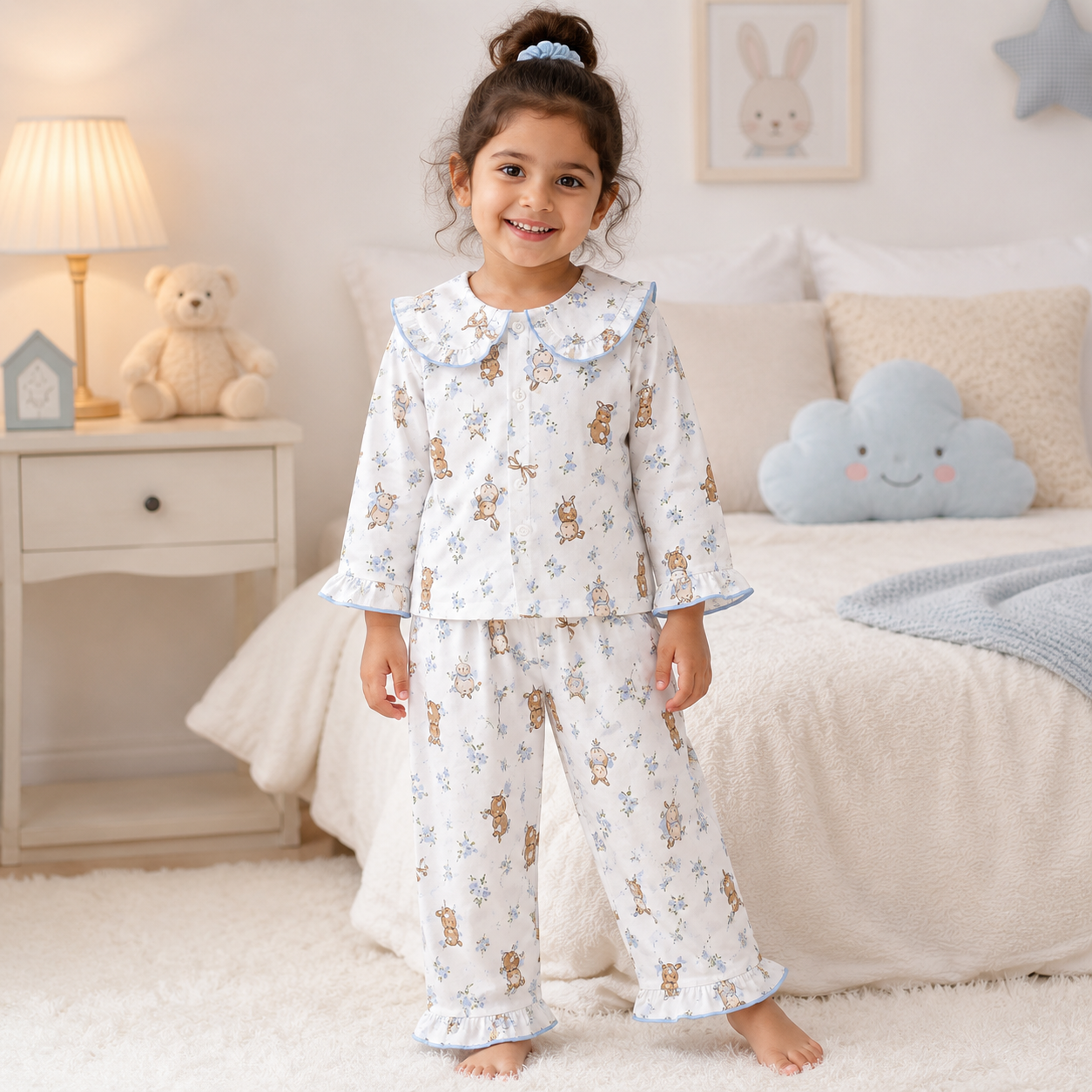 Smile Baby Girls Pajama Set | Bunny Bear Floral Print Peter Pan Collar Sleepwear | Soft Cotton 2-Piece Nightwear | Sizes 18 Months to 10 Years
