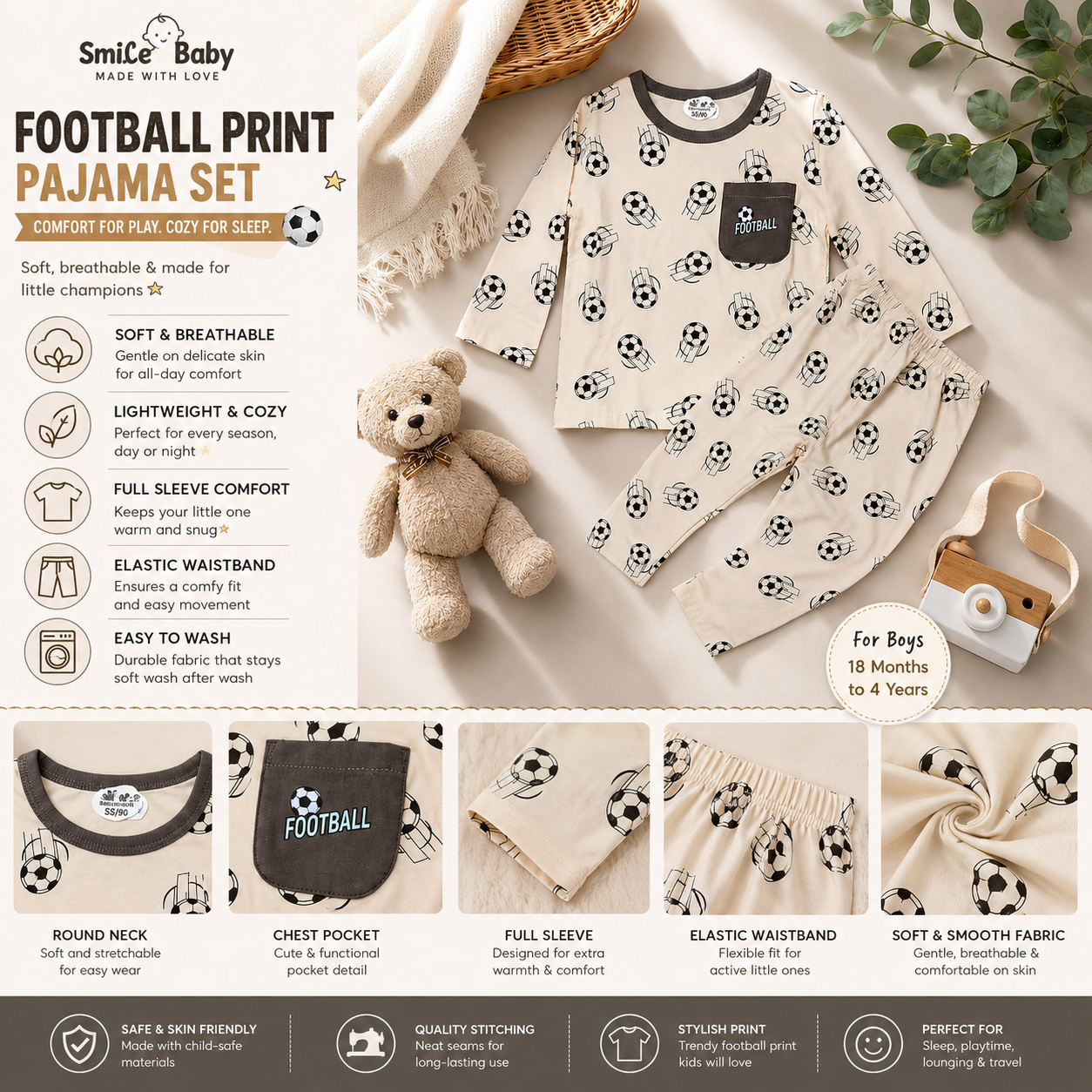 Smile Baby boys football print full sleeve pajama set infographic showcasing soft breathable nightwear, chest pocket, elastic waistband, fabric details and sizes 18 months to 4 years