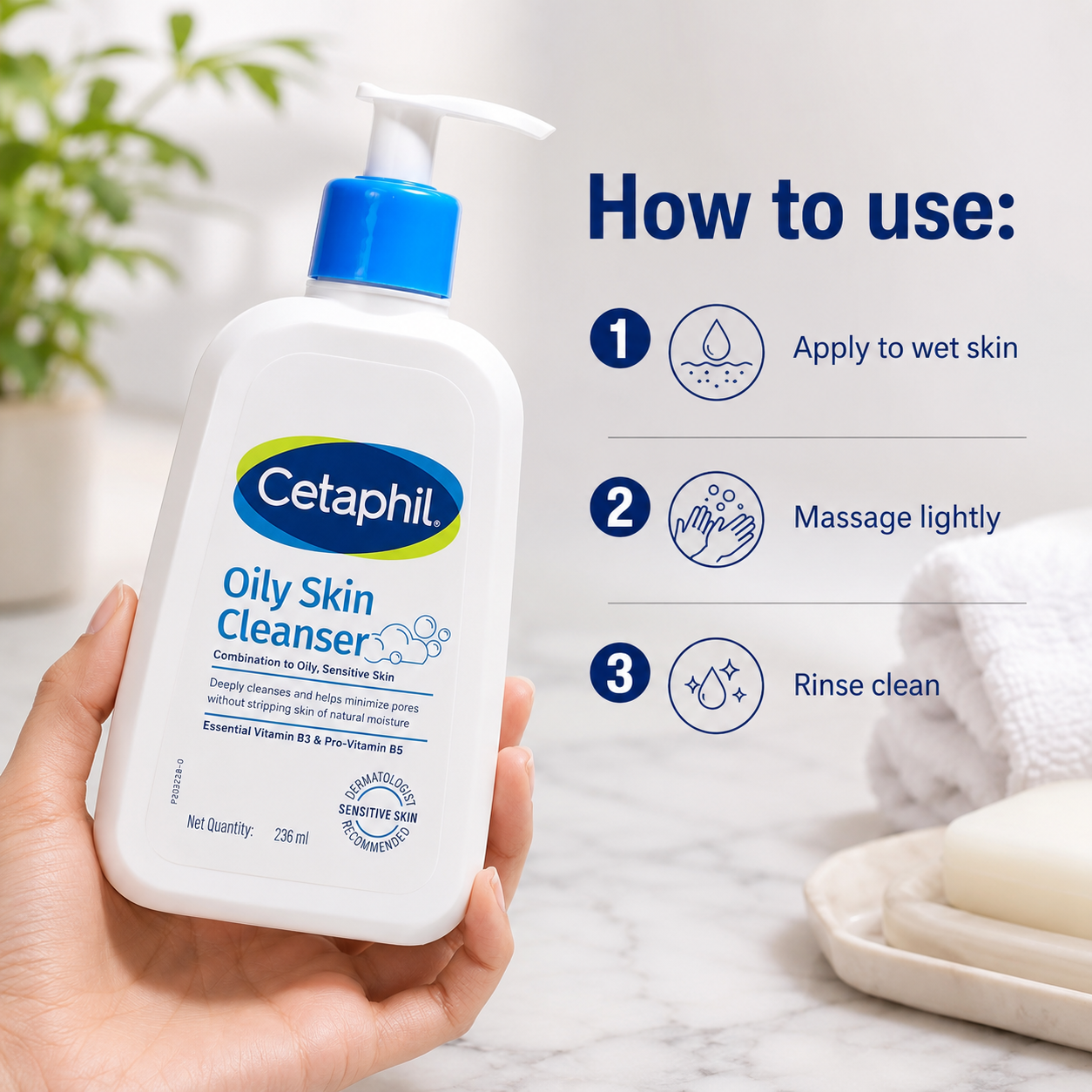 Cetaphil Oily Skin Cleanser for Sensitive Skin with Niacinamide, Glycerin & Panthenol (Vitamin B5), Soap-Free Face Wash, pH Balanced, Non-Comedogenic Daily Cleanser – 236ml