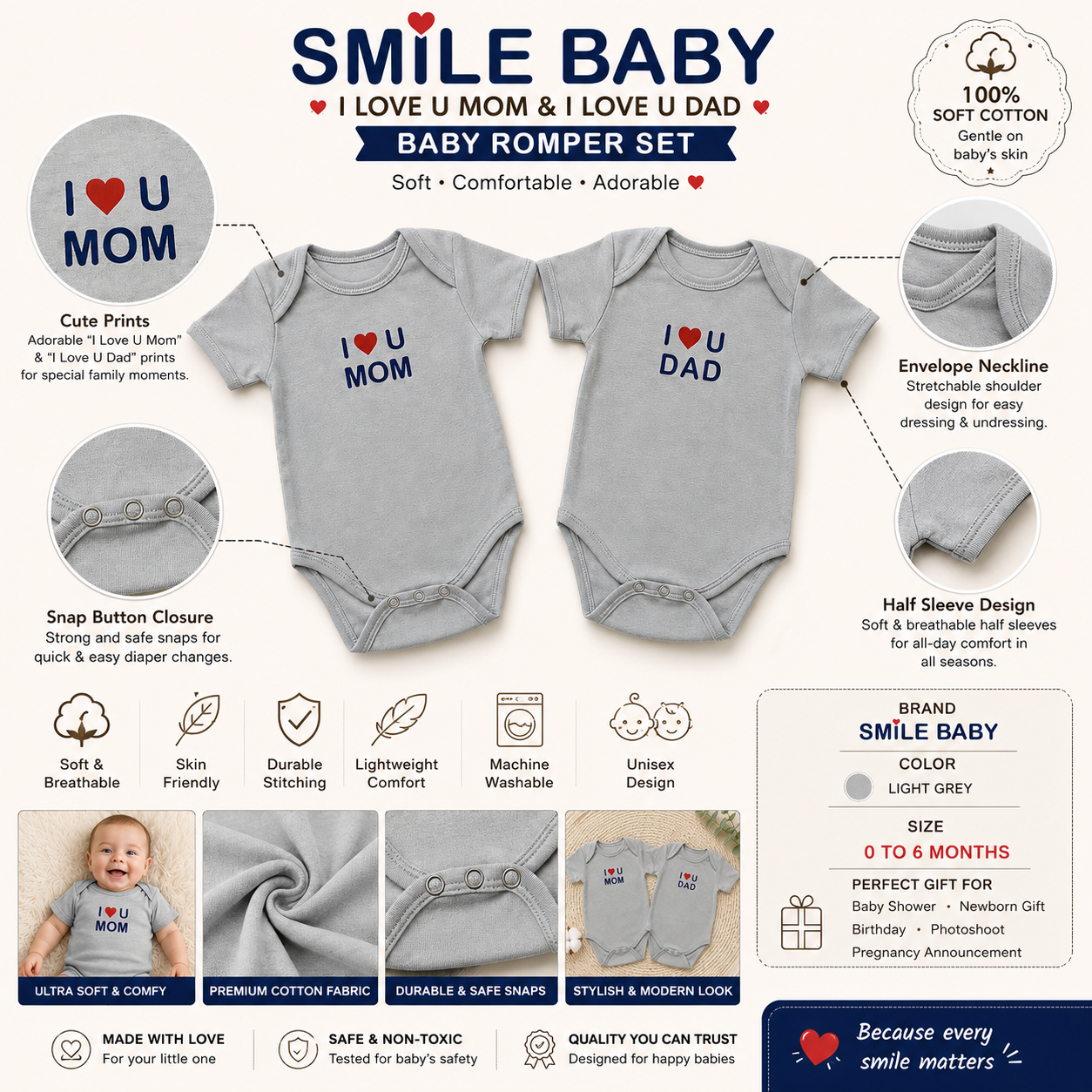 Smile Baby Grey Color I Love U Mom & I Love U Dad Baby Romper Set (0-6 Months) | Soft Cotton Half Sleeve Bodysuit Combo for Newborn Baby Boys & Girls