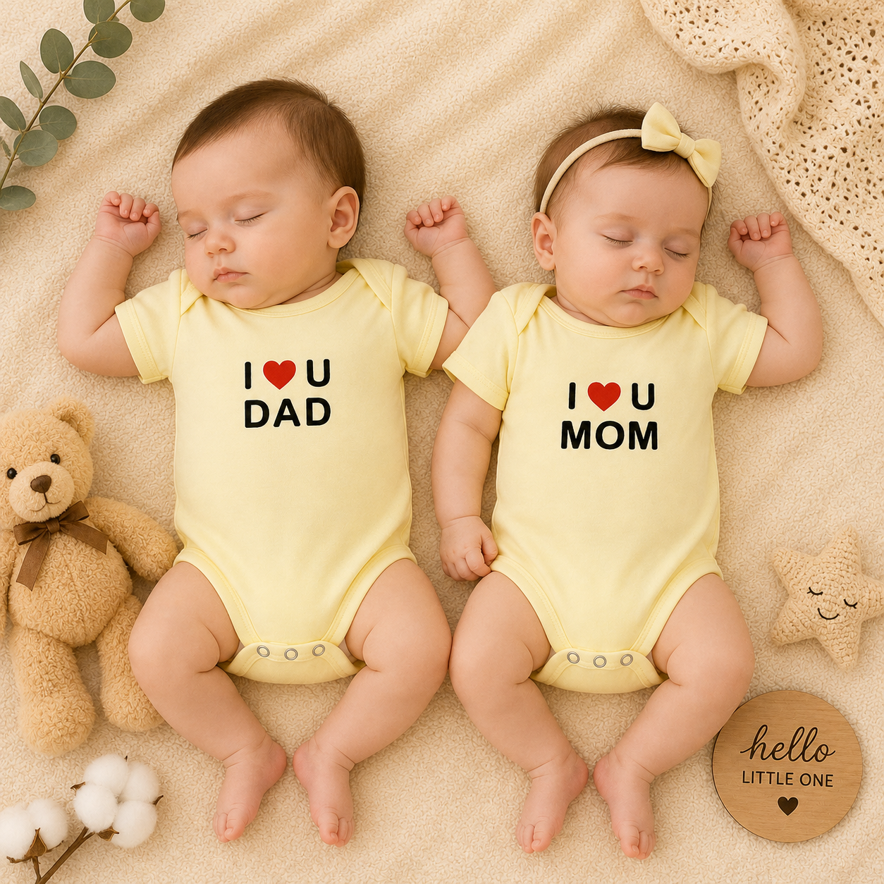 Smile Baby YELLOW I Love Mom & Dad Romper Set | Newborn Cotton Baby Bodysuit Combo Pack | Soft Half Sleeve Onesies for Babies 0-6 Months