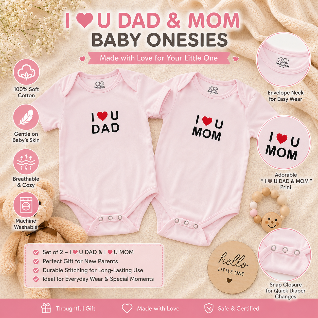 Smile Baby I Love Mom & Dad Baby Romper Set (Pack of 2) – Soft Cotton Printed Bodysuits for Newborns & Infants