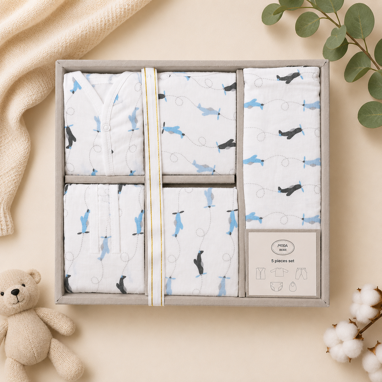 Smile Baby Muslin Newborn Essential Gift Set – 5 Piece Baby Gift Box (Muslin Vest, Nappy, Bib, Napkin & Swaddle) | Soft Cotton Baby Gift Set