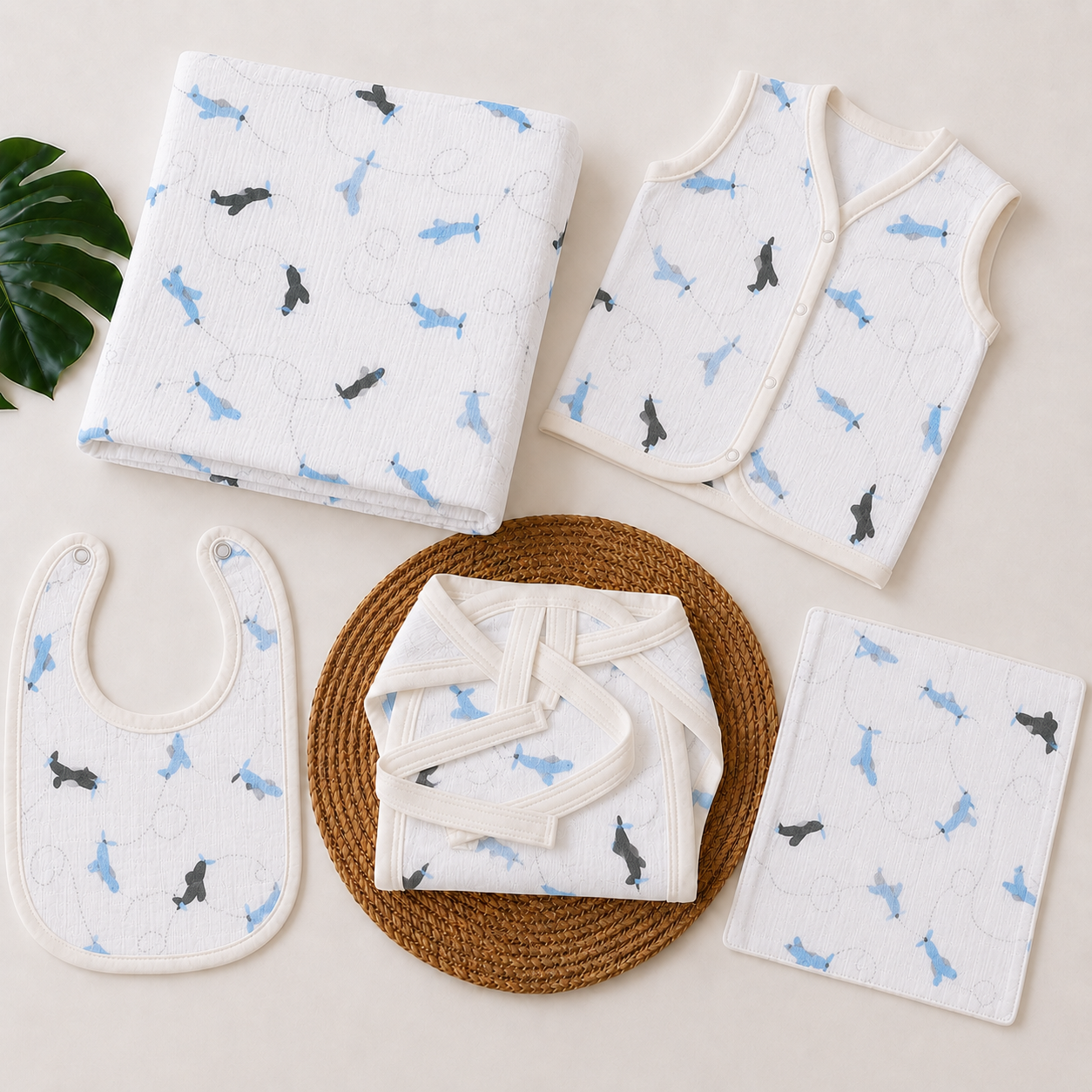 Smile Baby Muslin Newborn Essential Gift Set – 5 Piece Baby Gift Box (Muslin Vest, Nappy, Bib, Napkin & Swaddle) | Soft Cotton Baby Gift Set