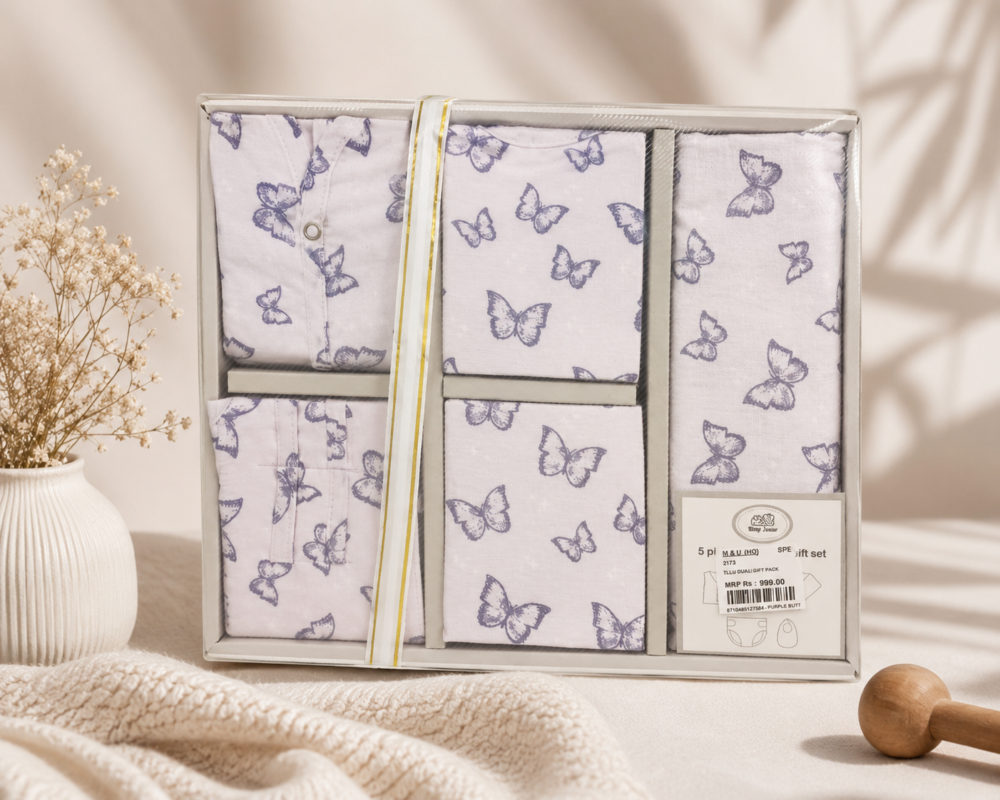 Smile Baby Muslin Newborn Essential Gift Set – 5 Piece Baby Gift Box (Muslin Vest, Nappy, Bib, Napkin & Swaddle) | Soft Cotton for Newborn Babies