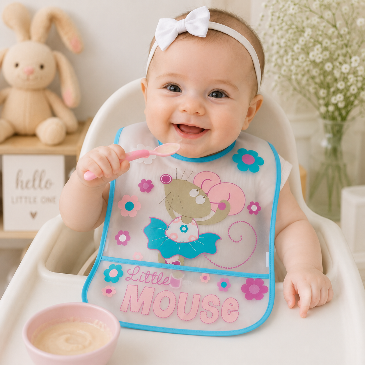 Smile Baby Waterproof Baby Bib for Girls – Little Mouse Print Feeding Bib with Crumb Catcher Pocket, Easy Clean, Lightweight & Comfortable, S Size