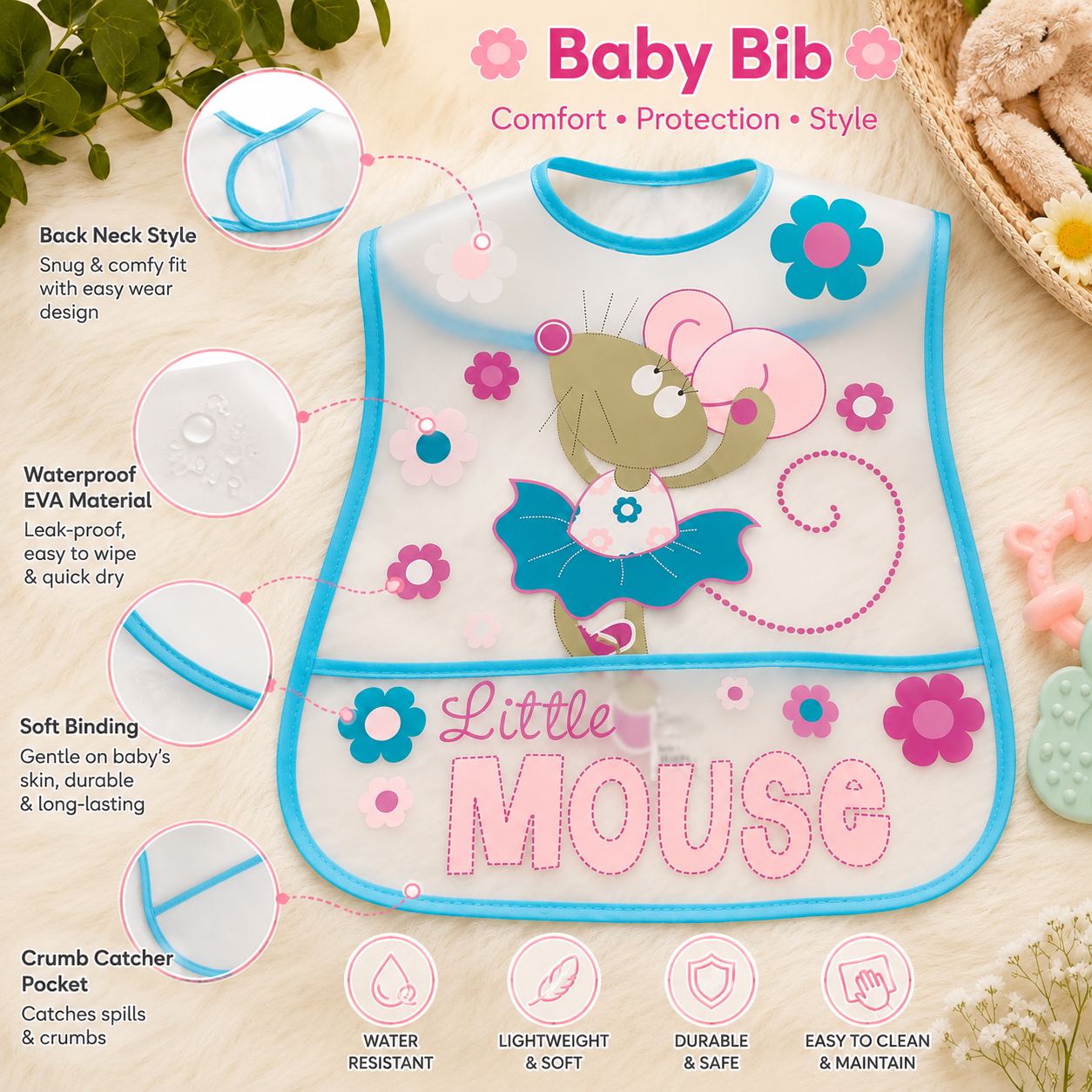 Smile Baby Waterproof Baby Bib for Girls – Little Mouse Print Feeding Bib with Crumb Catcher Pocket, Easy Clean, Lightweight & Comfortable, S Size