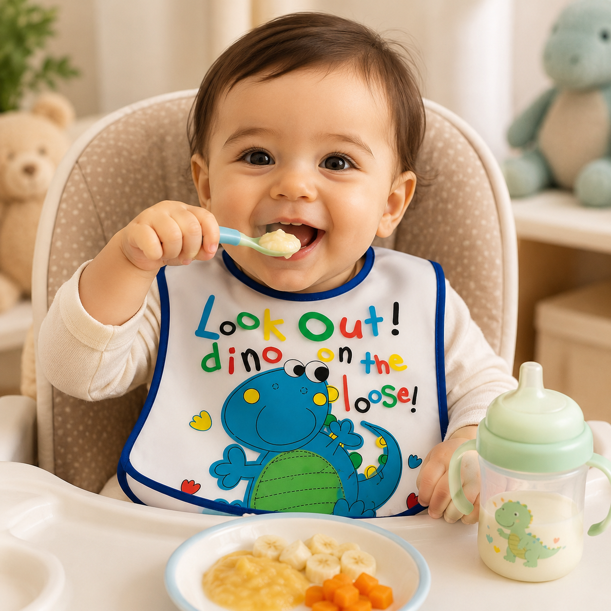 Smile Baby Waterproof Feeding Bib for Babies & Toddlers – Dinosaur Print Easy-Clean Bib with Food Catcher Pocket, Lightweight & Comfortable, S Size