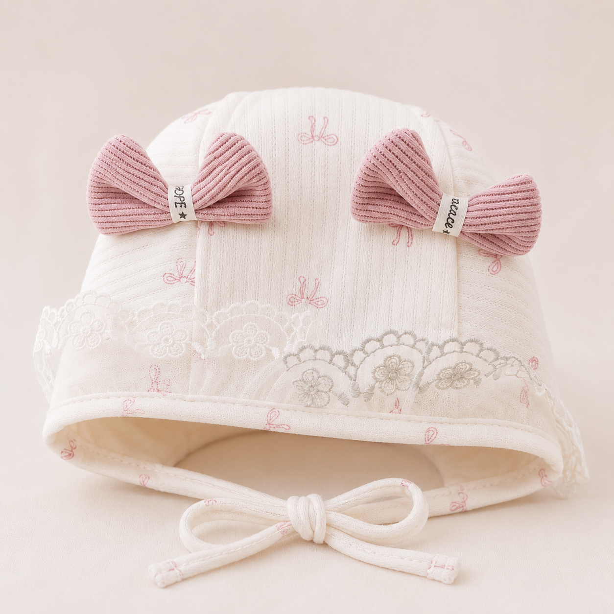 Smile Baby Baby Girls Cotton Cap with Bow & Lace Detail | Soft Newborn Beanie Hat | Adjustable Chin Tie | Cute Printed Baby Cap