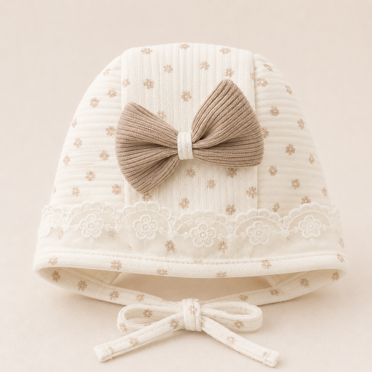Smile Baby Baby Girls Cotton Cap with Bow & Lace Detail | Soft Newborn Beanie Hat | Adjustable Chin Tie | Cute Printed Baby Cap
