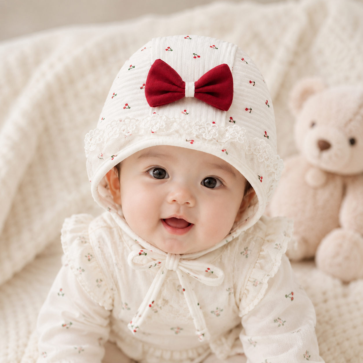 Smile Baby Baby Girls Cotton Cap with Bow & Lace Detail | Soft Newborn Beanie Hat | Adjustable Chin Tie | Cute Printed Baby Cap
