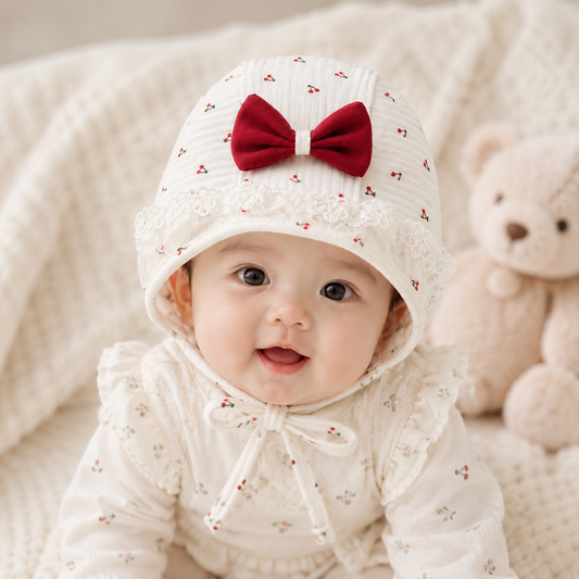 Smile Baby Baby Girls Cotton Cap with Bow & Lace Detail | Soft Newborn Beanie Hat | Adjustable Chin Tie | Cute Printed Baby Cap
