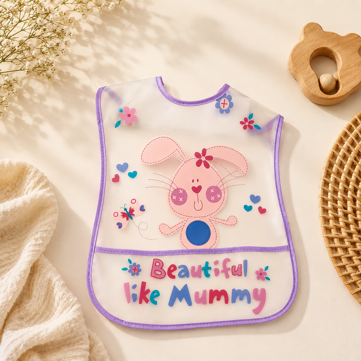 Smile Baby Waterproof Baby Bib for Girls – Beautiful Like Mummy Bunny Print Feeding Bib with Crumb Catcher Pocket, Easy Clean, Lightweight & Comfortable, S Size (6–36 Months)