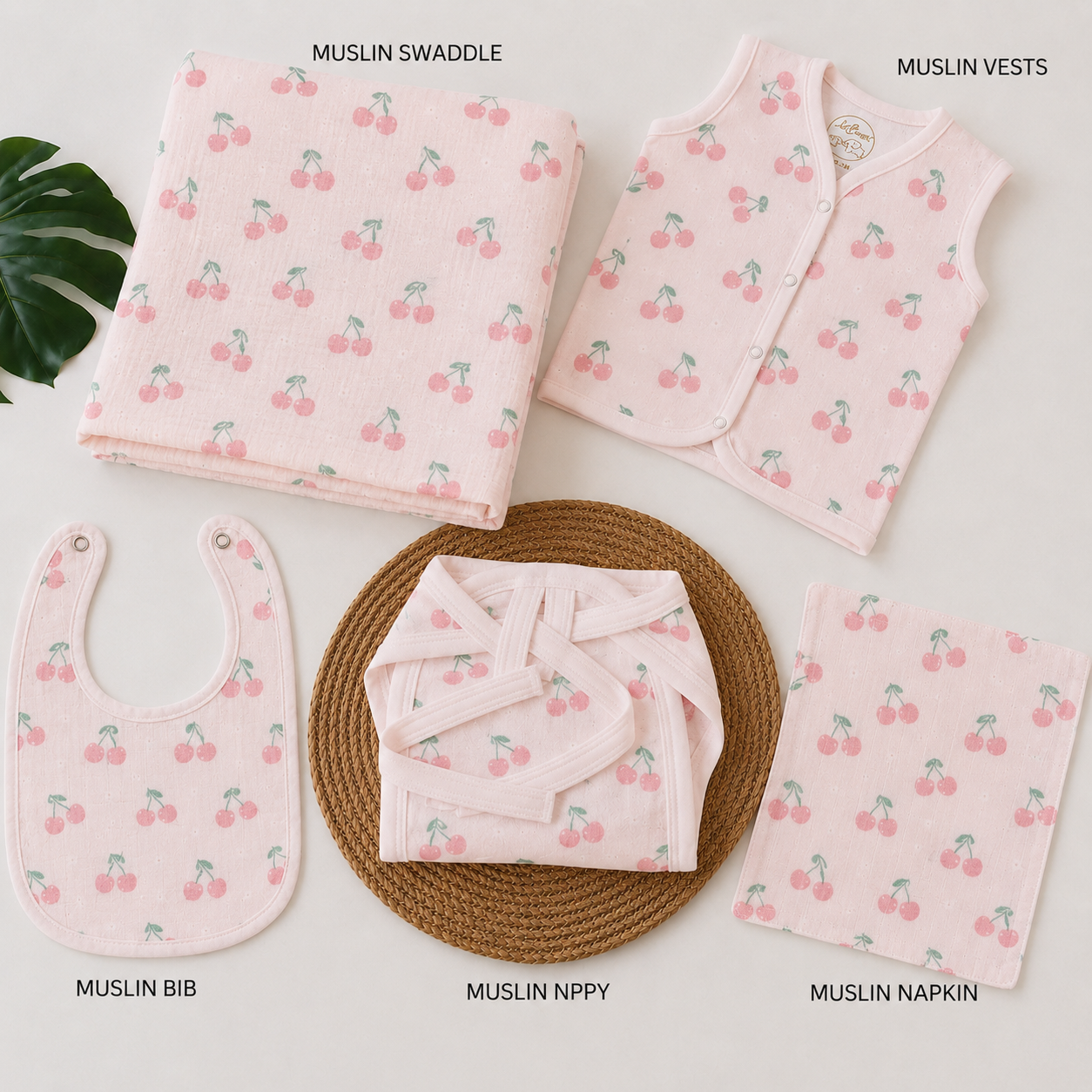 Smile Baby Muslin Newborn Essential Gift Set – 5 Piece Baby Gift Box (Muslin Vest, Nappy, Bib, Napkin & Swaddle) | Soft Cotton for Newborn Babies