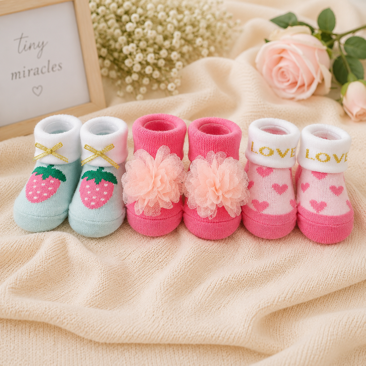 Baby Girls Designer Socks Gift Set (Pack of 3) | Strawberry, Flower & Heart Pattern Soft Cotton Socks for Infants | 0-9 Months