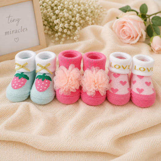 Baby Girls Designer Socks Gift Set (Pack of 3) | Strawberry, Flower & Heart Pattern Soft Cotton Socks for Infants | 0-9 Months