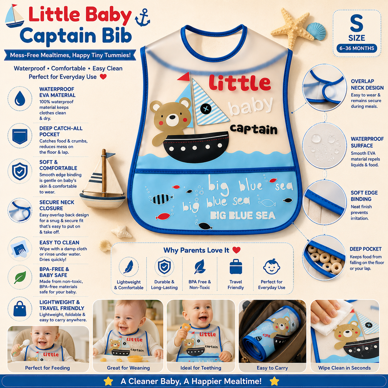 Smile Baby Waterproof Baby Bib for Boys – Little Baby Captain Sailor Bear Print Feeding Bib with Food Catcher Pocket, Easy Clean EVA Bib, S Size (6–36 Months)