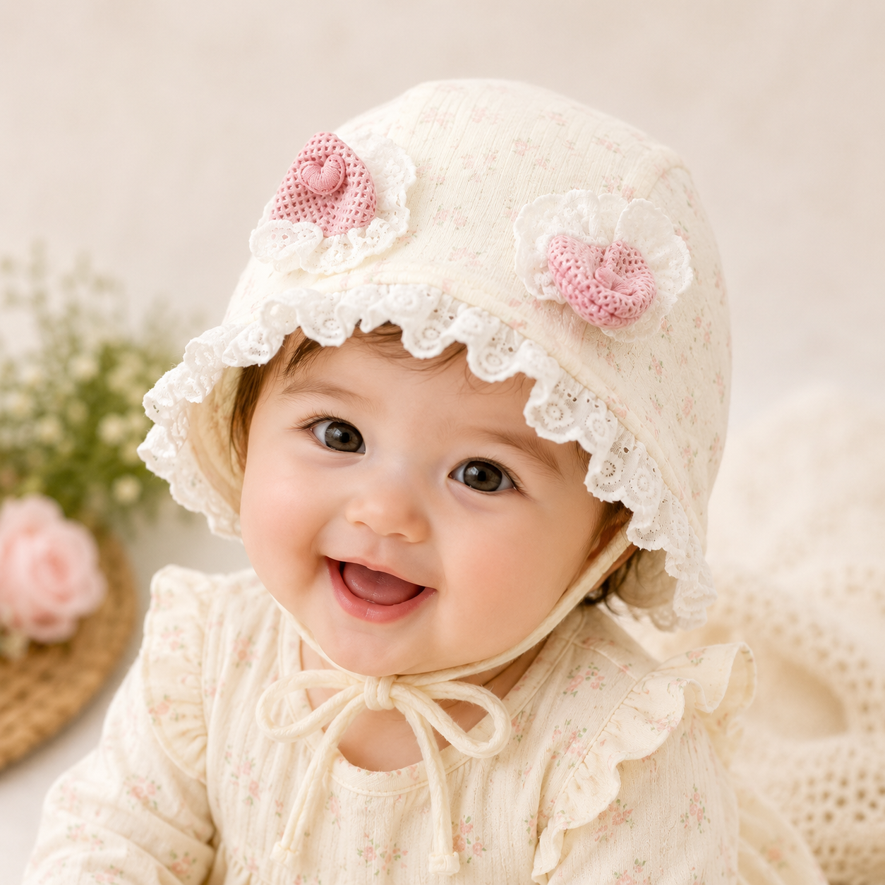 Smile Baby Baby Girls Lace Bonnet Cap with Floral Bow Detail | Soft Cotton Newborn Hat | Adjustable Chin Tie | Pink & Cream