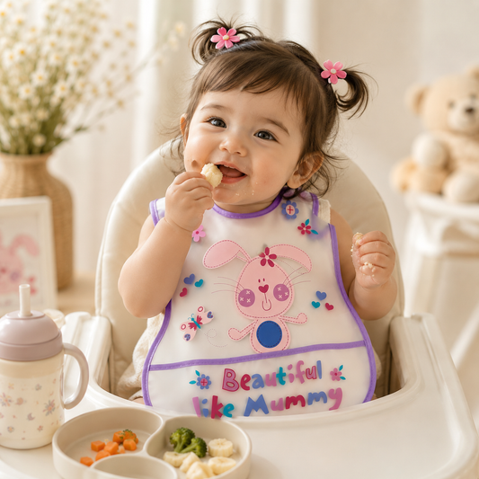 Smile Baby Waterproof Baby Bib for Girls – Beautiful Like Mummy Bunny Print Feeding Bib with Crumb Catcher Pocket, Easy Clean, Lightweight & Comfortable, S Size (6–36 Months)