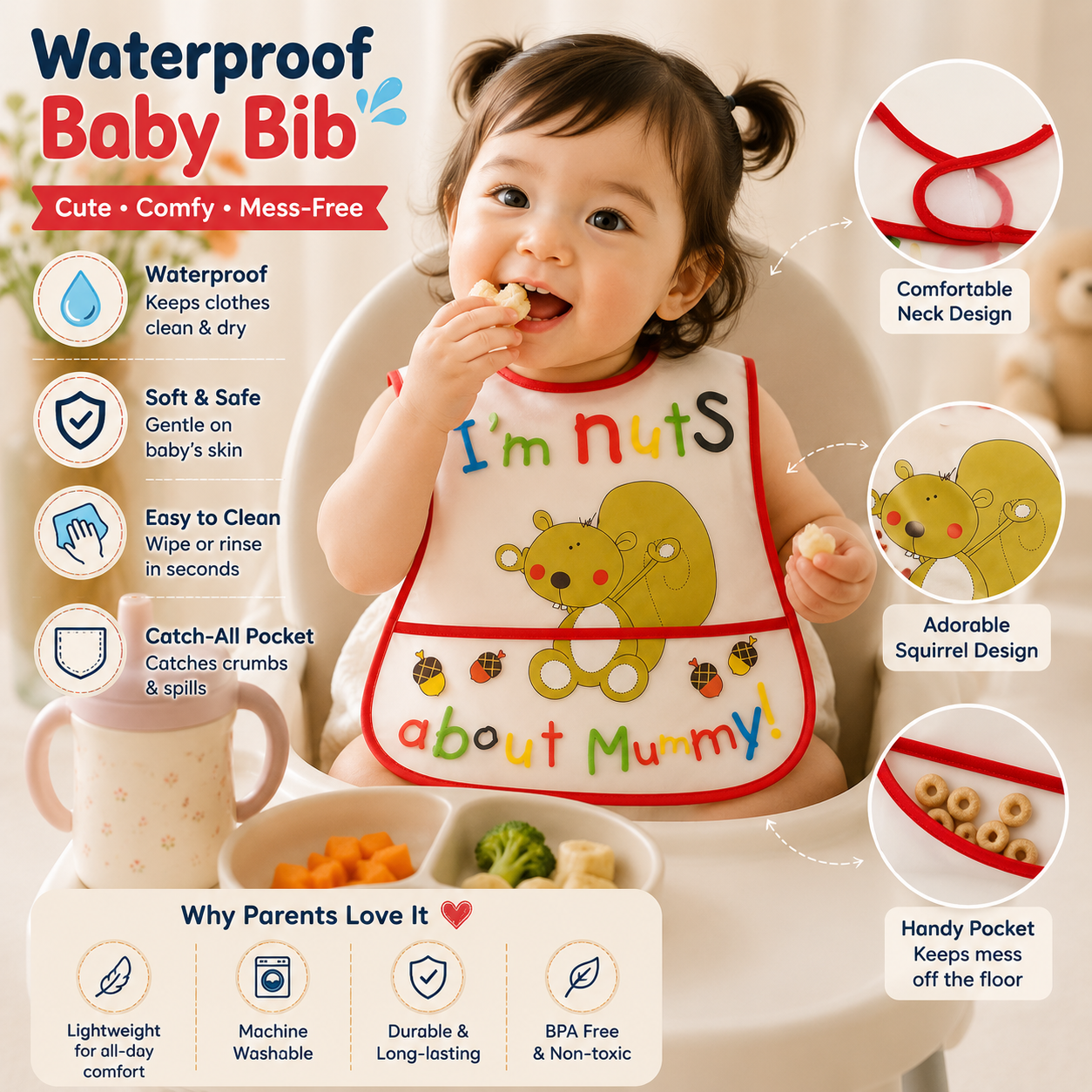 Smile Baby Waterproof Feeding Bib for Babies & Toddlers – Soft Easy-Clean Food Catcher Bib with Cute Squirrel Print, Red Trim, S Size