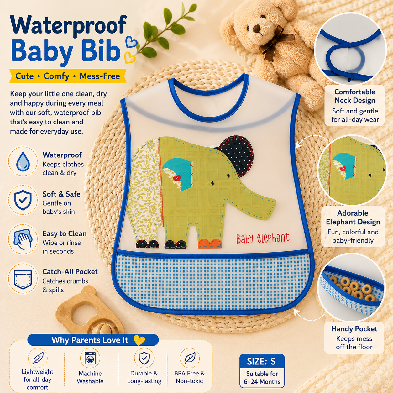 Smile Baby Waterproof Feeding Bib for Babies – Elephant Print Easy-Clean Baby Bib with Food Catcher Pocket, Soft & Lightweight, S Size
