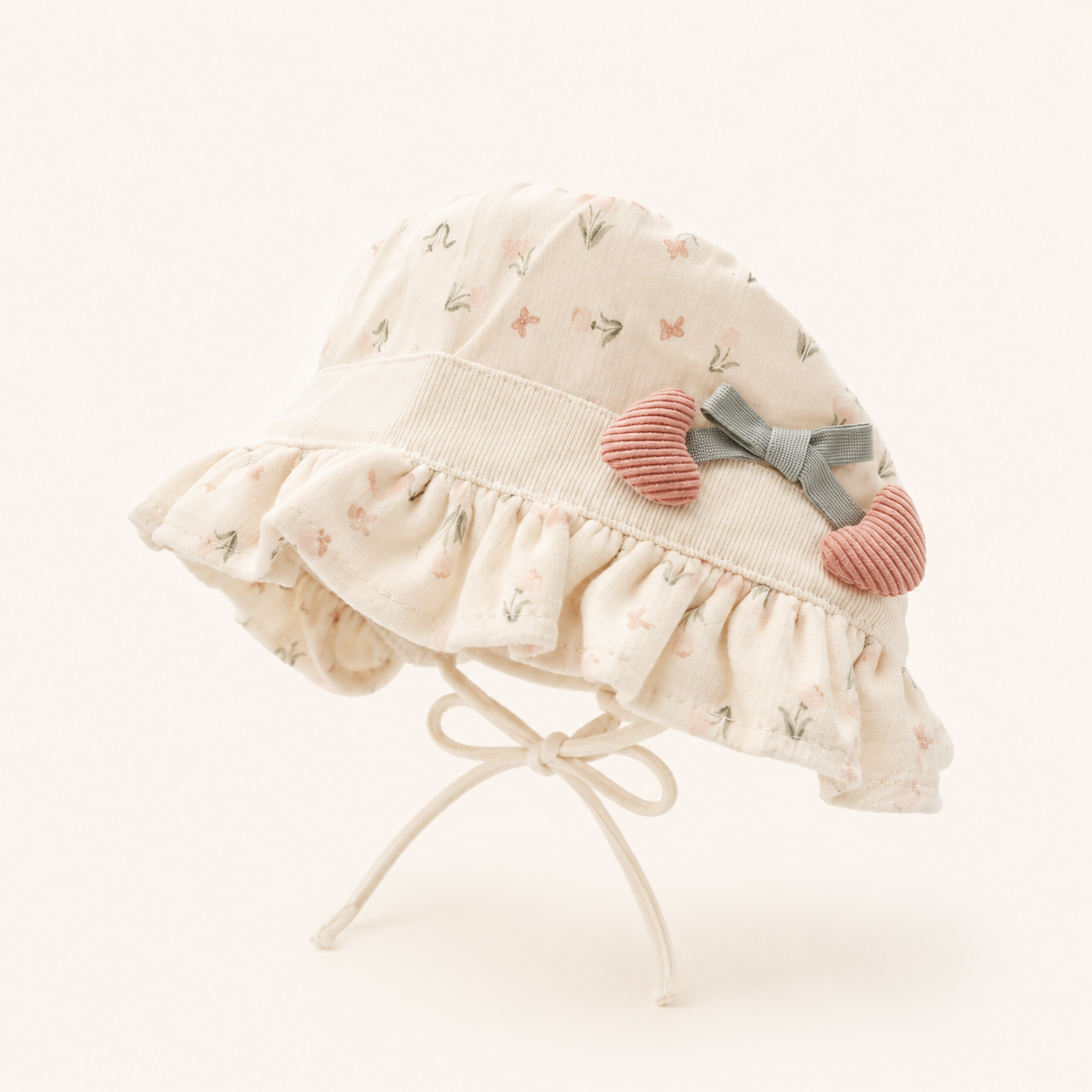 Smile Baby Baby Girls Floral Sun Hat with Heart Bow Detail | Soft Cotton Summer Cap | Adjustable Chin Strap | Pink & Cream