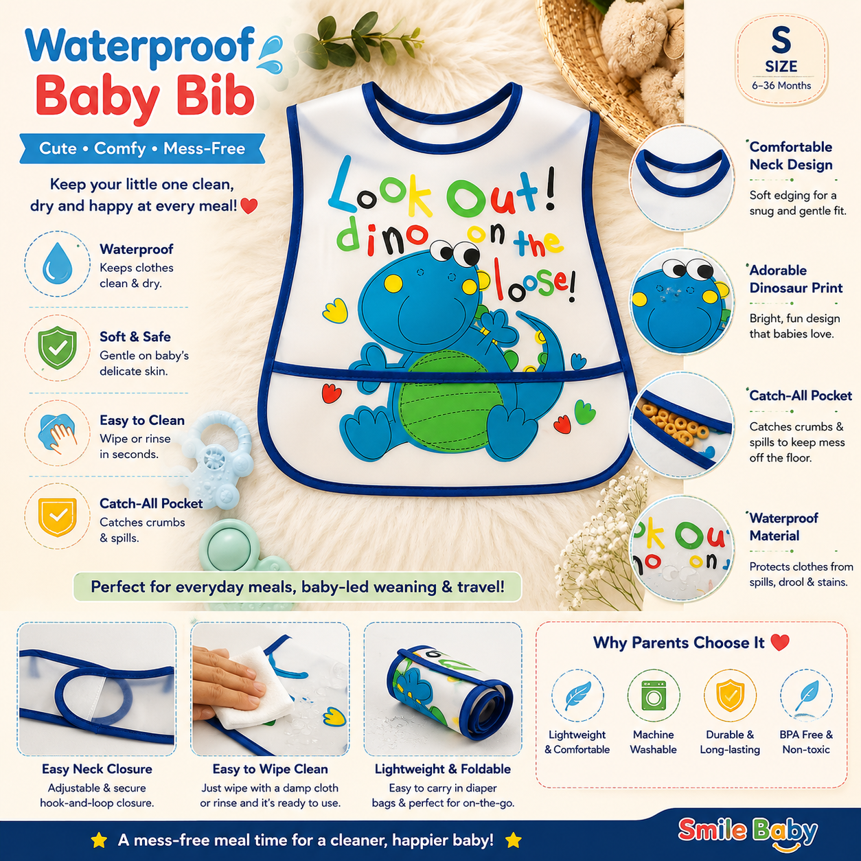 Smile Baby Waterproof Feeding Bib for Babies & Toddlers – Dinosaur Print Easy-Clean Bib with Food Catcher Pocket, Lightweight & Comfortable, S Size