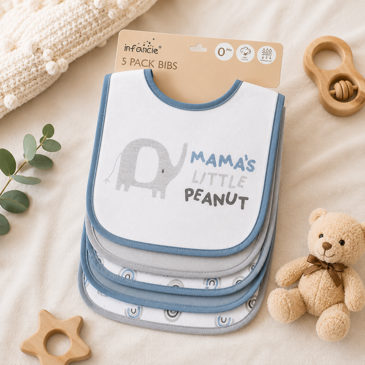 Smile Baby 5-Pack Baby Bib Set for Boys – Ultra Soft Cotton Feeding & Drooling Bibs, Absorbent, Comfortable & Reusable Bibs for Newborns, Infants & Toddlers | Mama's Little Peanut Theme