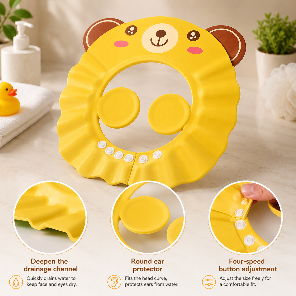 1ST STEP Baby Shampoo Bath Cap for Kids | Soft Adjustable Shampoo Hat with Ear Protection | Splash Guard Bathing Cap for Babies & Toddlers | Pink & Yellow