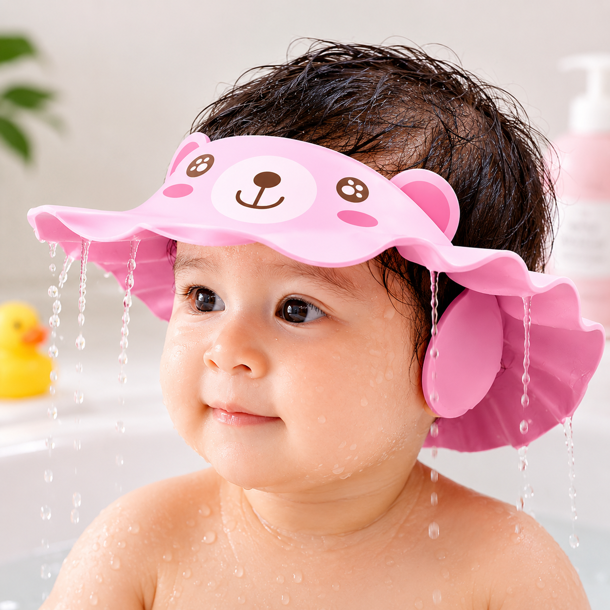 1ST STEP Baby Shampoo Bath Cap for Kids | Soft Adjustable Shampoo Hat with Ear Protection | Splash Guard Bathing Cap for Babies & Toddlers | Pink & Yellow