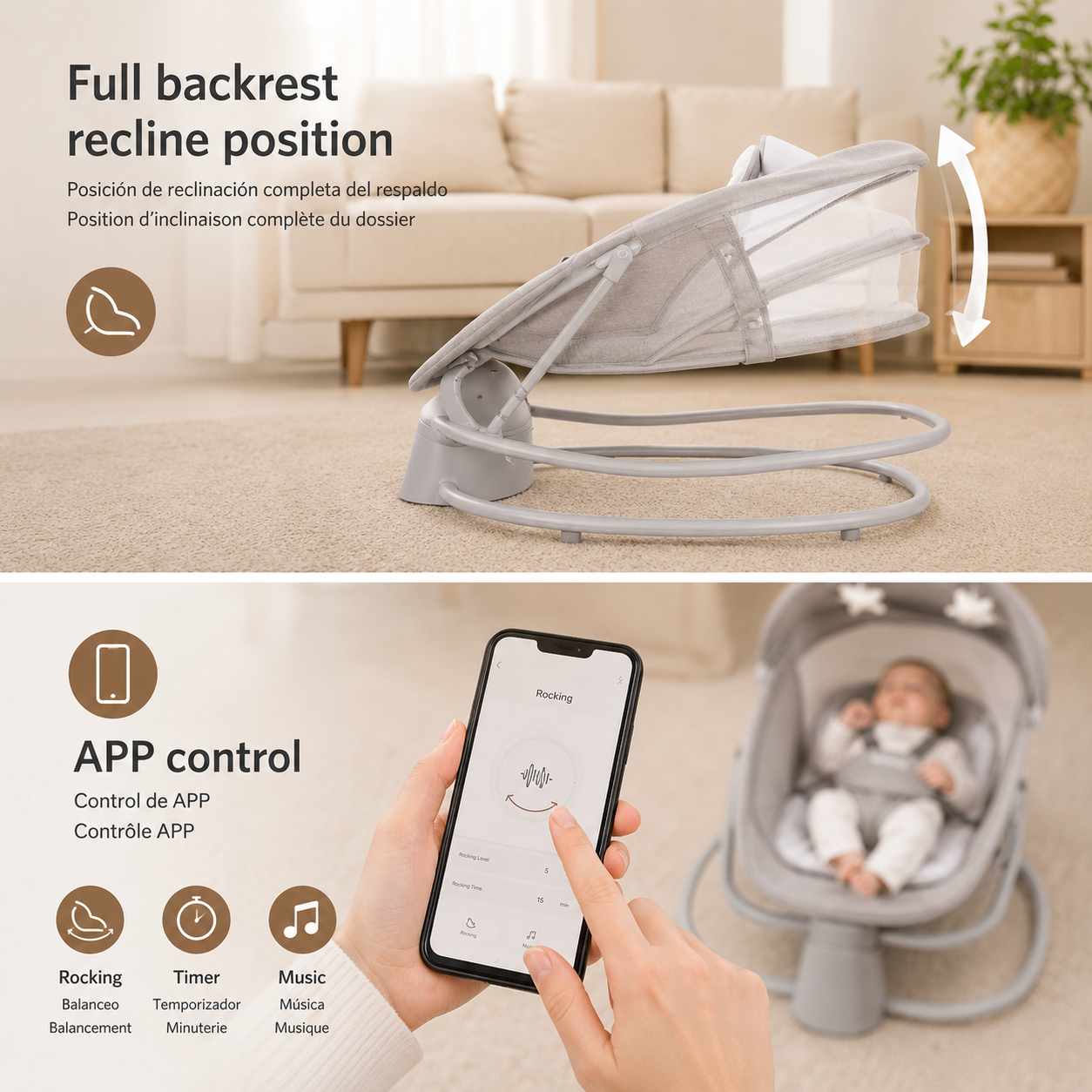 MUSTELA 4-in-1 Electric Baby Swing & Bassinet with APP Control, 5 Swing Speeds, Adjustable Recline, Music Function, Foldable Portable Baby Rocker for Newborns to 15kg – Grey