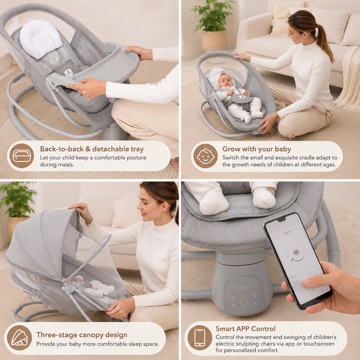 MUSTELA 4-in-1 Electric Baby Swing & Bassinet with APP Control, 5 Swing Speeds, Adjustable Recline, Music Function, Foldable Portable Baby Rocker for Newborns to 15kg – Grey