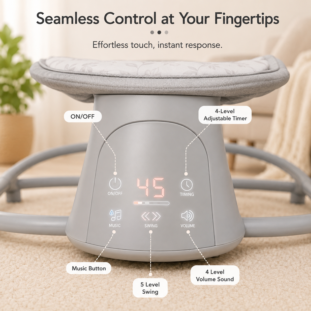 MUSTELA 4-in-1 Electric Baby Swing & Bassinet with APP Control, 5 Swing Speeds, Adjustable Recline, Music Function, Foldable Portable Baby Rocker for Newborns to 15kg – Grey