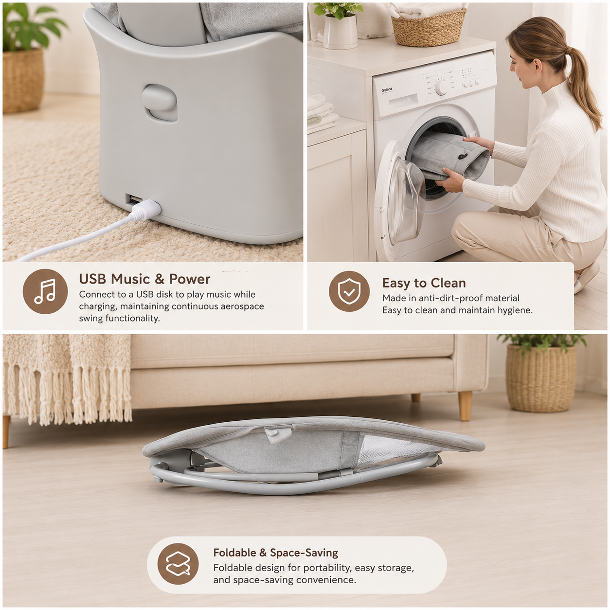 MUSTELA 4-in-1 Electric Baby Swing & Bassinet with APP Control, 5 Swing Speeds, Adjustable Recline, Music Function, Foldable Portable Baby Rocker for Newborns to 15kg – Grey