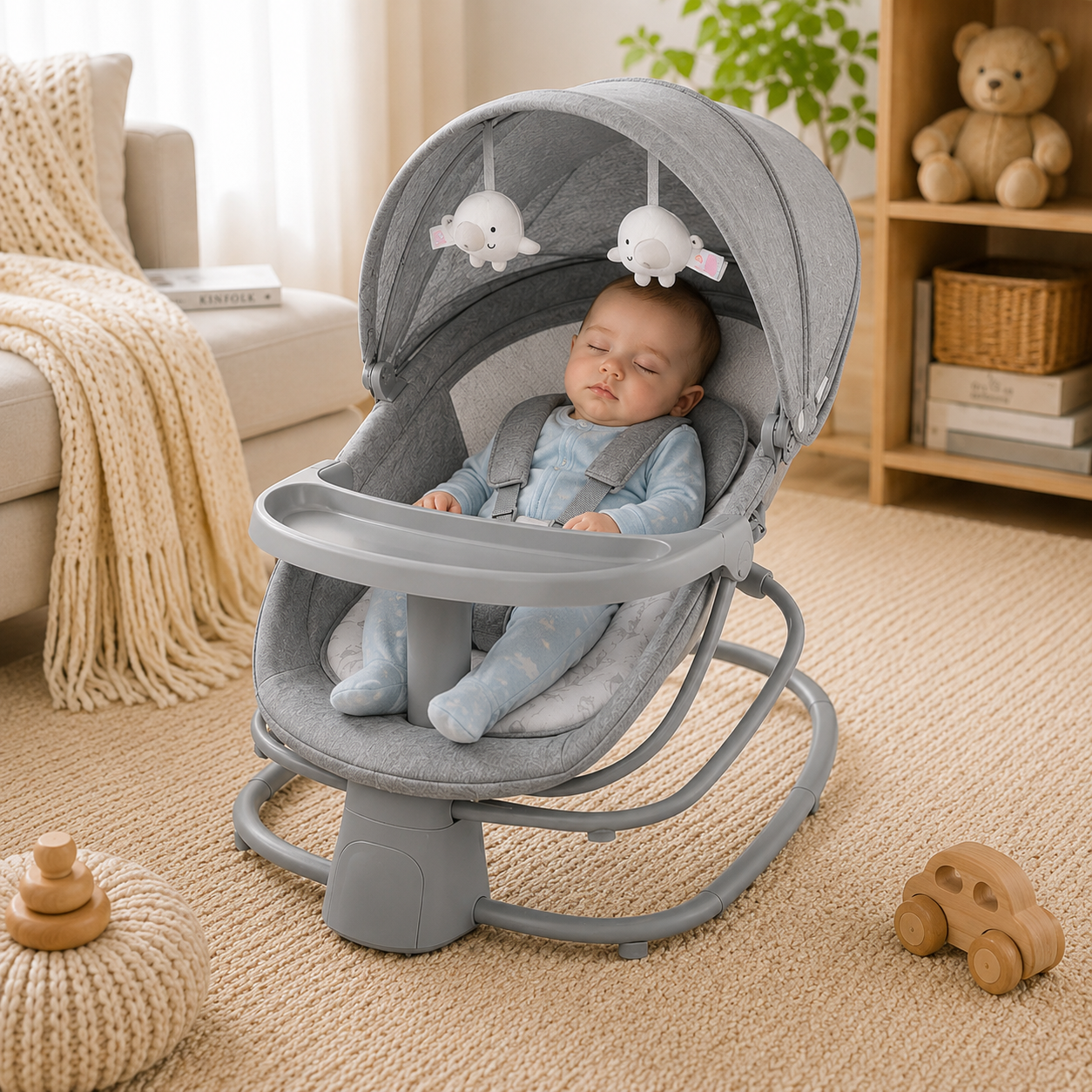 MUSTELA 4-in-1 Electric Baby Swing & Bassinet with APP Control, 5 Swing Speeds, Adjustable Recline, Music Function, Foldable Portable Baby Rocker for Newborns to 15kg – Grey
