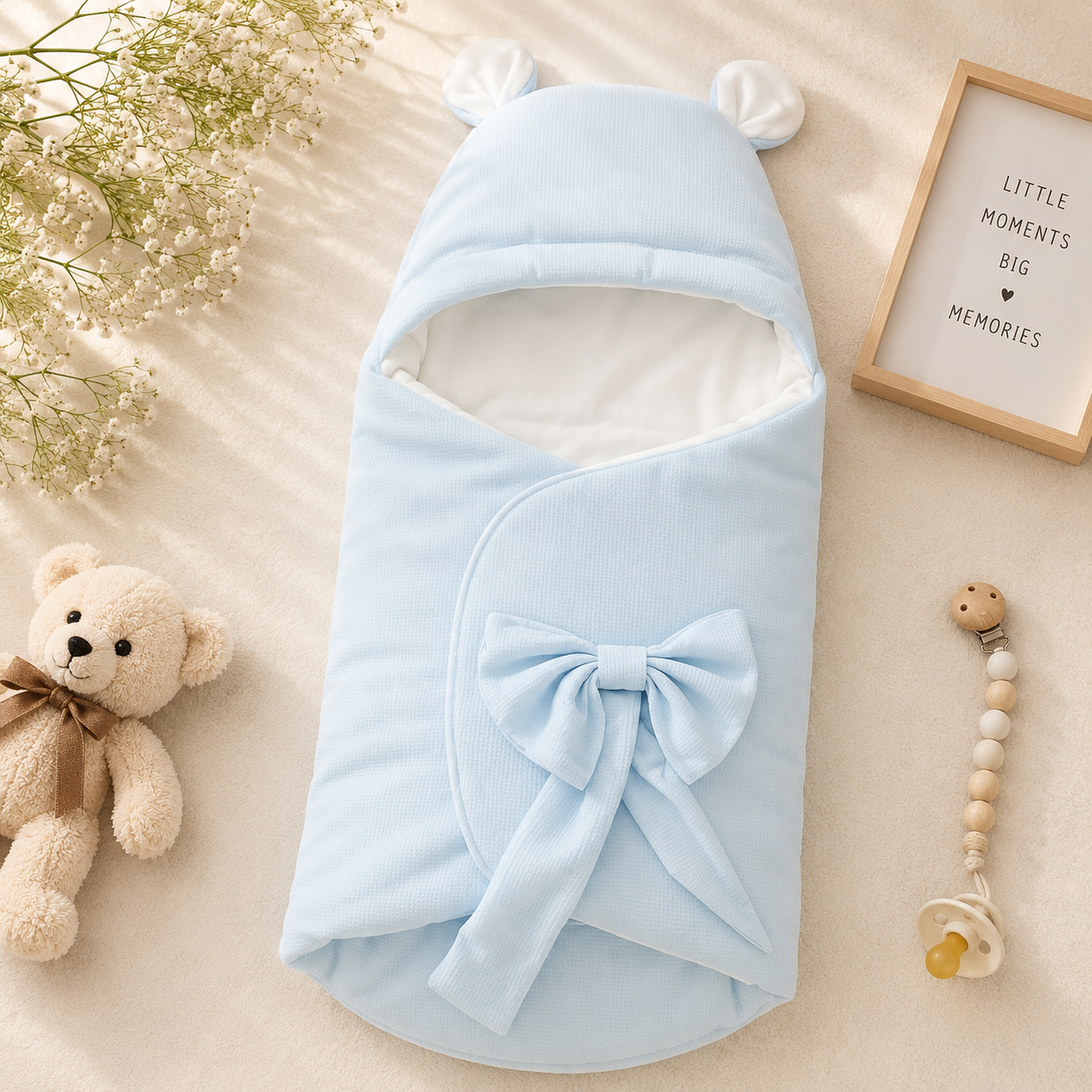 SMILE BABY Premium Baby Swaddle Wrapper with Hood & Bear Ears | Soft Cotton Baby Receiving Blanket | Newborn Sleeping Bag with Bow | Warm Baby Wrap for Hospital Discharge & Travel | White, Sky Blue, Pink, Grey