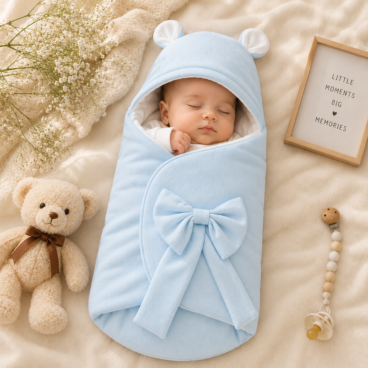 SMILE BABY Premium Baby Swaddle Wrapper with Hood & Bear Ears | Soft Cotton Baby Receiving Blanket | Newborn Sleeping Bag with Bow | Warm Baby Wrap for Hospital Discharge & Travel | White, Sky Blue, Pink, Grey