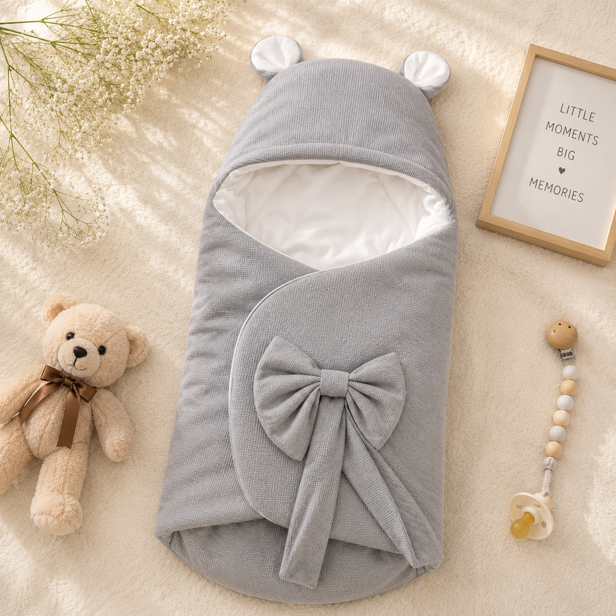 SMILE BABY Premium Baby Swaddle Wrapper with Hood & Bear Ears | Soft Cotton Baby Receiving Blanket | Newborn Sleeping Bag with Bow | Warm Baby Wrap for Hospital Discharge & Travel | White, Sky Blue, Pink, Grey