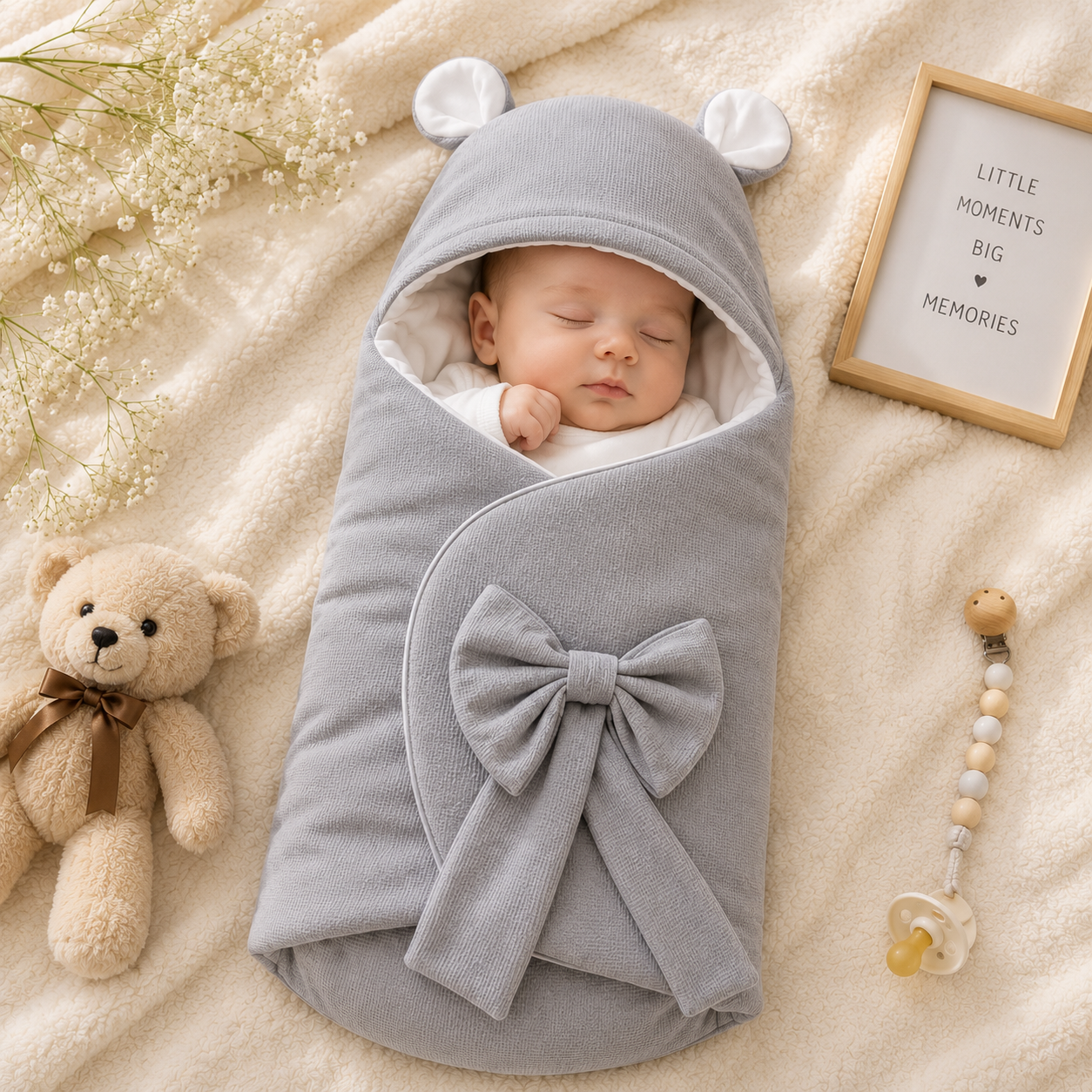SMILE BABY Premium Baby Swaddle Wrapper with Hood & Bear Ears | Soft Cotton Baby Receiving Blanket | Newborn Sleeping Bag with Bow | Warm Baby Wrap for Hospital Discharge & Travel | White, Sky Blue, Pink, Grey
