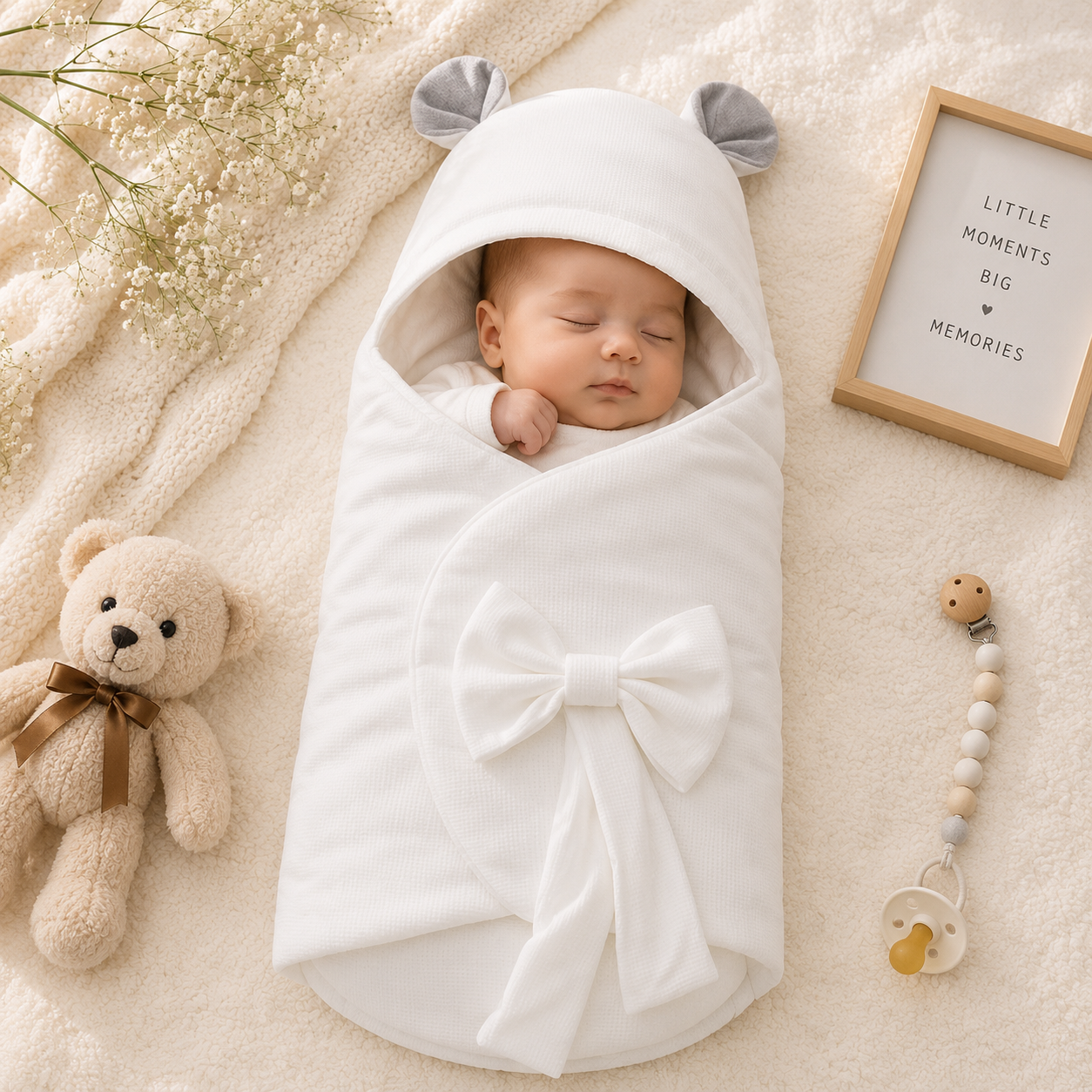 SMILE BABY Premium Baby Swaddle Wrapper with Hood & Bear Ears | Soft Cotton Baby Receiving Blanket | Newborn Sleeping Bag with Bow | Warm Baby Wrap for Hospital Discharge & Travel | White, Sky Blue, Pink, Grey