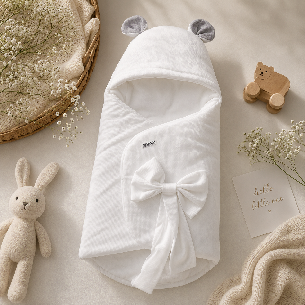 SMILE BABY Premium Baby Swaddle Wrapper with Hood & Bear Ears | Soft Cotton Baby Receiving Blanket | Newborn Sleeping Bag with Bow | Warm Baby Wrap for Hospital Discharge & Travel | White, Sky Blue, Pink, Grey