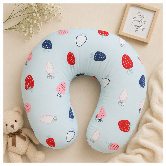 Smile Baby U-Shaped Nursing Pillow with Removable Cotton Cover | Breastfeeding, Feeding & Tummy Time Support | Blue Strawberry Print