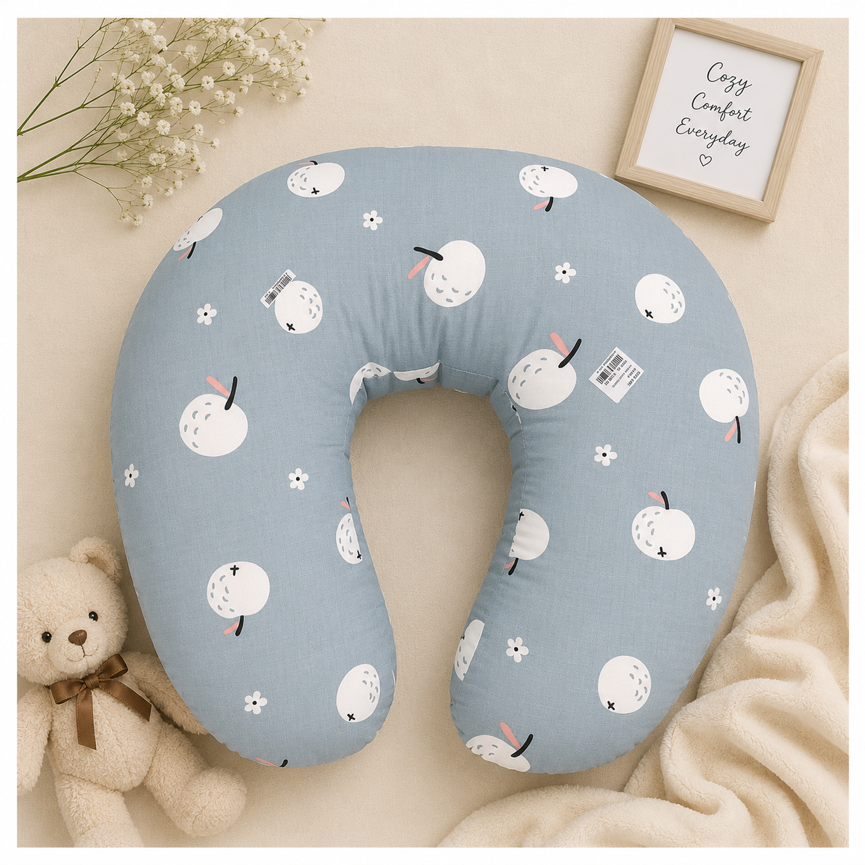 Smile Baby U-Shaped Nursing Pillow with Removable Cotton Cover | Breastfeeding & Baby Support Pillow | Blue Fruit Print