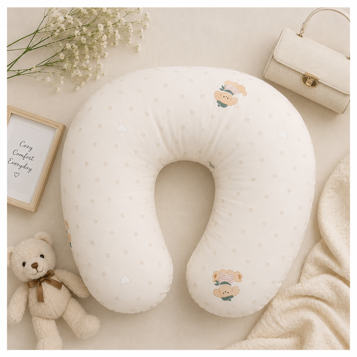 Smile Baby Teddy Bear Print Premium Cotton Feeding & Nursing Pillow | Multipurpose Breastfeeding Support Pillow with Removable Washable Cover for Newborn Baby