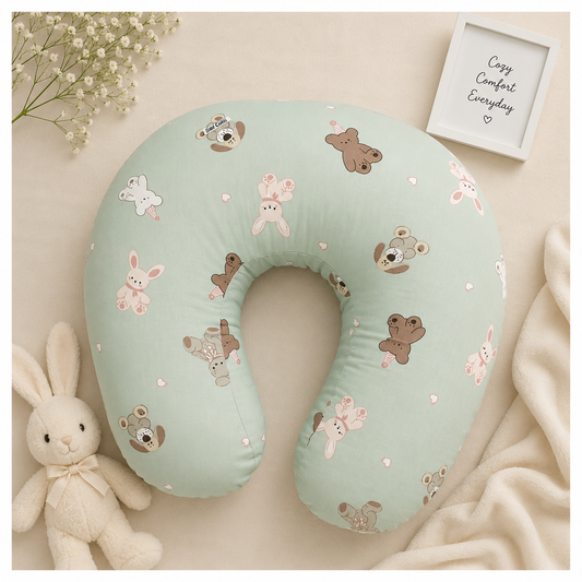 Smile Baby Premium U-Shaped Feeding Pillow for Newborn Baby | Soft Nursing Support Pillow | Bunny & Teddy Print | Mint Green